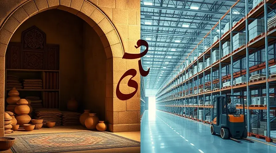 نمایش تحول انبارداری: از انبارهای سنتی بازار ایران به مراکز لجستیکی هوشمند و مدرن با قفسه‌های پیشرفته. اهمیت حیاتی انبارداری نوین و هوشمند برای نگهداری کالا.