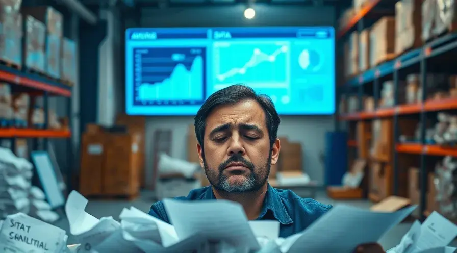 مدیری در حال تکیه بر 'حس ششم' و داده‌های پراکنده در انبار، در مقابل نمایش مدرن داده‌های تحلیلی و اهمیت اطلاعات دقیق برای جلوگیری از اشتباهات و کاهش هزینه‌ها.